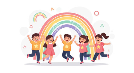 Fototapeta premium Joyful diverse children jumping and celebrating under a colorful pastel rainbow and abstract shapes, symbolizing happiness and childhood wonder