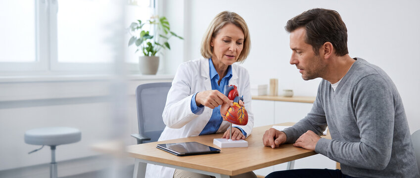 Physician explains treatment plan with anatomical model during private clinic consultation, supporting patient education, diagnosis understanding, personalized care and shared medical decisions.