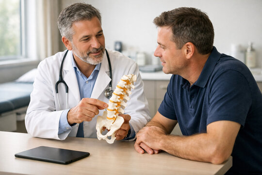 Physician explains treatment plan with anatomical model during private clinic consultation, supporting patient education, diagnosis understanding, personalized care and shared medical decisions.