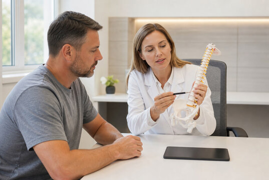 Physician explains treatment plan with anatomical model during private clinic consultation, supporting patient education, diagnosis understanding, personalized care and shared medical decisions.