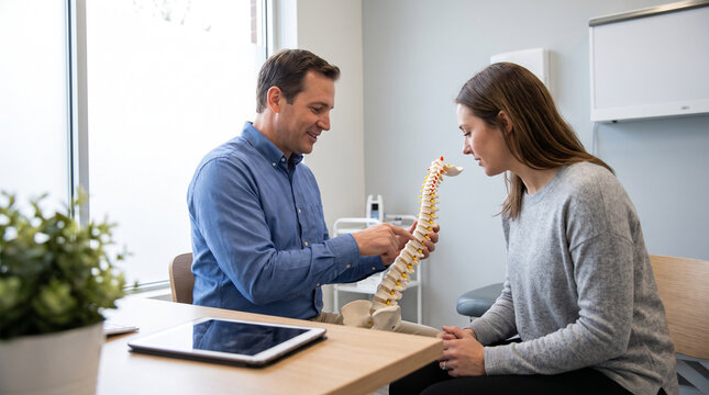 Physician explains treatment plan with anatomical model during private clinic consultation, supporting patient education, diagnosis understanding, personalized care and shared medical decisions.