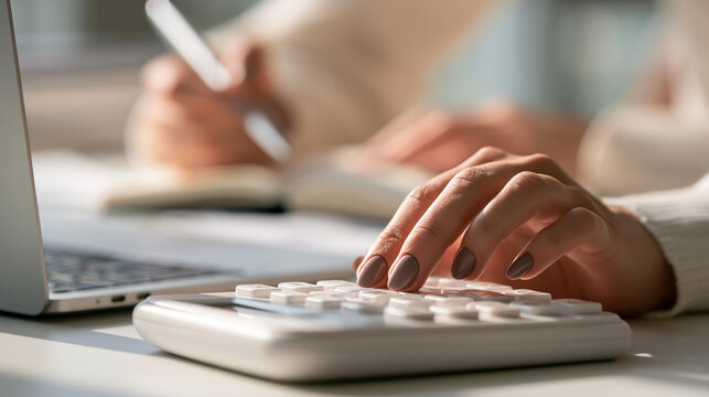 Calculating Success: A close-up shot captures a person's hands using a calculator, alongside a laptop and notepad, symbolizing meticulous financial planning and diligent accounting work.