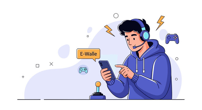 Gamer using smartphone for e-wallet transactions, surrounded by gaming icons and lightning bolts, representing digital payments and online gaming.