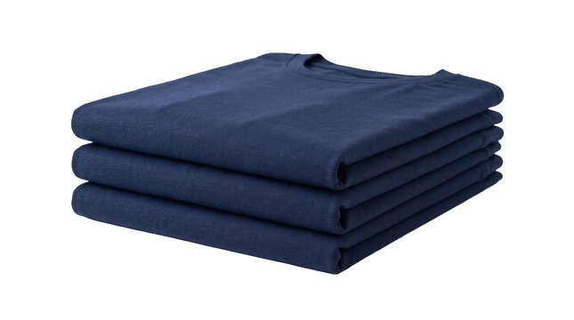 Neatly folded stack of three identical dark blue cotton t-shirts ready for retail display or wardrobe organization.