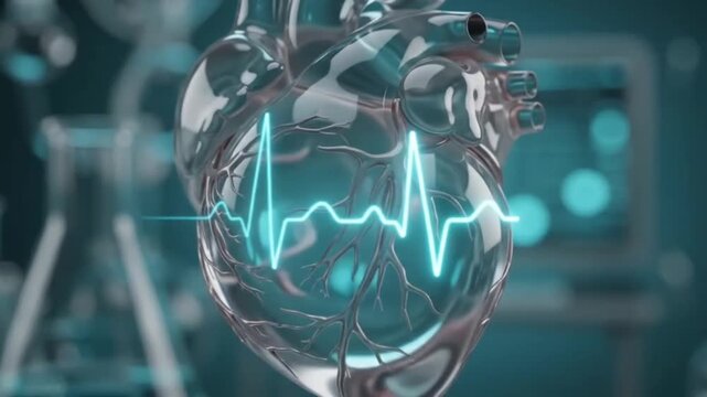 3D Glass Heart with Glowing Cyan ECG Heartbeat Line monitor pulse line healthcare