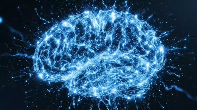 Dynamic glowing blue brain illustration representing artificial intelligence, complex thought processes, data networks, and innovative technological advancement in computing