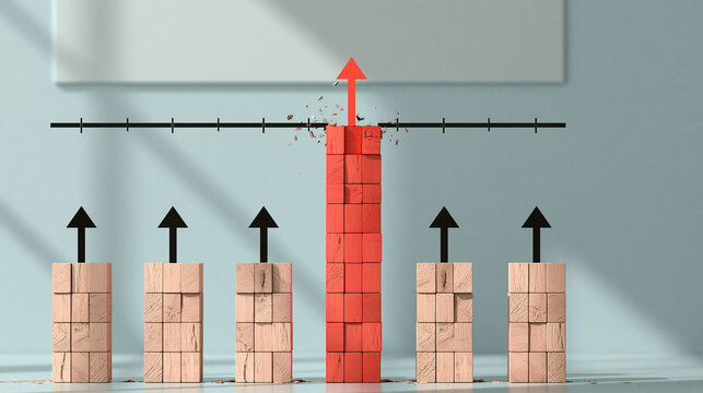 The Tower of Success: A conceptual image depicting a vibrant red tower of blocks, symbolizing progress and achievement, surging upwards beyond a horizontal line, contrasted with smaller.