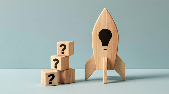 Igniting Innovation: A wooden rocket with a glowing lightbulb emblem sits beside stacked cubes marked with question marks, symbolizing the journey from uncertainty to bright ideas and business growth.