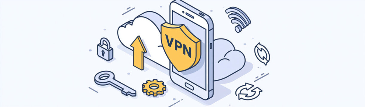 Secure Mobile Connection: This illustration depicts a mobile device with a VPN shield, symbolizing secure online access and data protection. It highlights cloud storage, encryption, and Wi-Fi symbols.