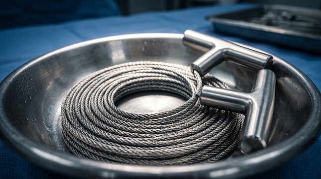 Gigli wire saw surgical instrument in a stainless steel bowl.