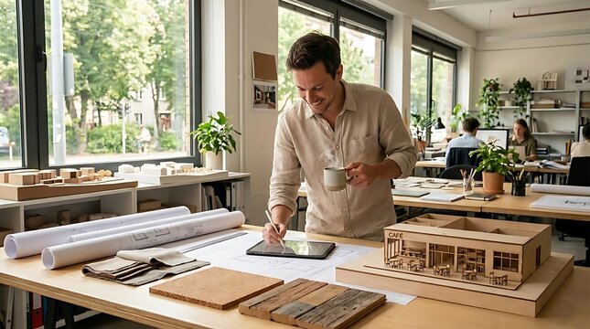 Architect reviewing model in sunlit design studio.