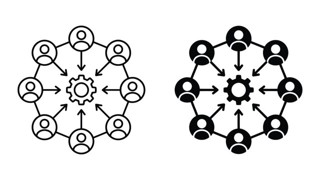 Centralized team collaboration gear mechanism process hub icon set with business