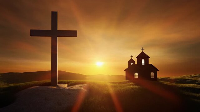 Christian cross and church silhouetted on a hill during a dramatic sunrise with sun rays