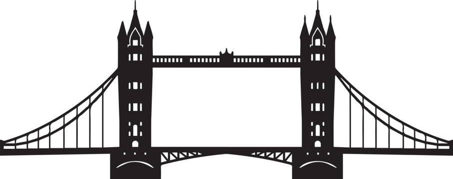 Tower Bridge silhouette vector, iconic London landmark bridge icon, black drawbridge architectural outline for travel design
