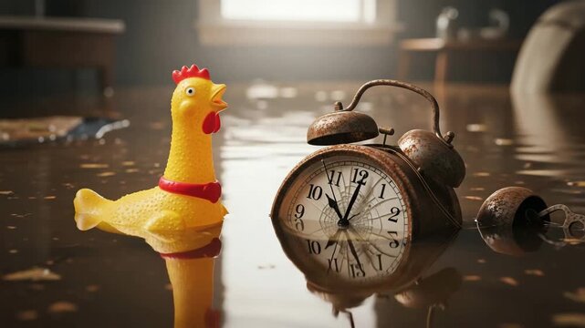 Surreal Scene of a Rubber Chicken and Alarm Clock in a Flooded Room.