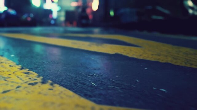 A close up view of a yellow street marking on a damp road in a city during the night. Neon lights from nearby buildings create reflections on the surface, adding color to the scene.