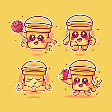 happy water bucket characters vector illustration set featuring playing basketball, running fast, yoga meditation, and taking a selfie.