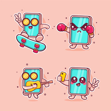 Cute tablet device gadget characters vector illustration set featuring skateboarding kickflip, boxing, playing guitar, and taking a selfie.
