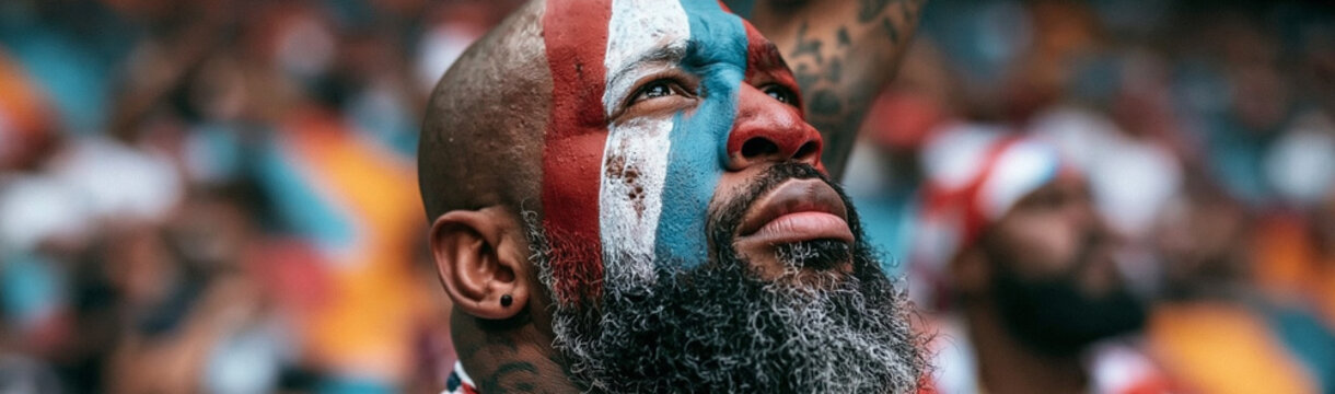 Passionate Fan with Face Paint: A dedicated sports fan, his face adorned with vibrant national colors, looks up with unwavering devotion.