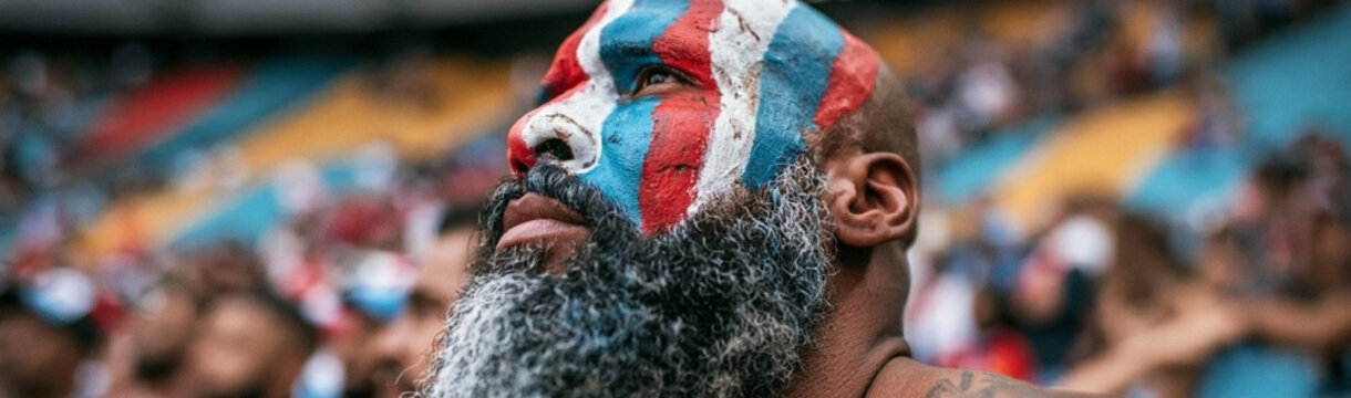 Painted Patriot's Gaze: A devoted fan with a face vividly painted in vibrant colors, showcasing a rugged beard and intense gaze, immerses himself in the electrifying atmosphere of a sporting event.