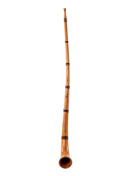 Traditional wooden didgeridoo musical instrument with decorative bands, perfect for Oktoberfest celebrations and cultural music PNG Isolated on transparent background