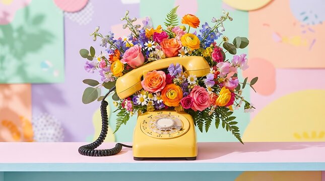Vintage yellow rotary telephone overflowing with vibrant spring floral bouquet arrangement