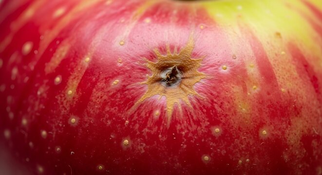 Extreme close-up macro shot of a fresh ripe red apple with water droplets