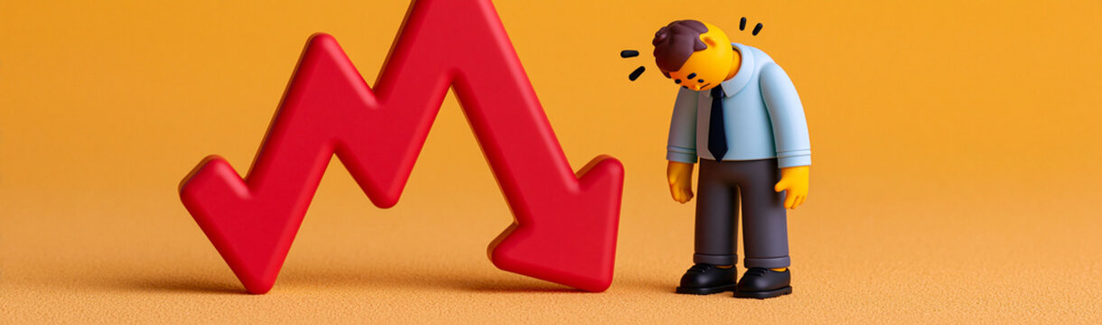 Financial Downturn Depiction: A dejected figure stands beside a stark red arrow in a steep decline, symbolizing economic recession and business failure, capturing a moment of financial despair.