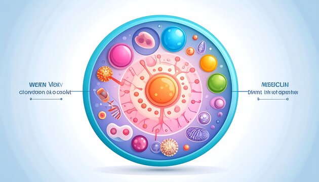 Microscopic view of a cell with labeled organelles illustration.