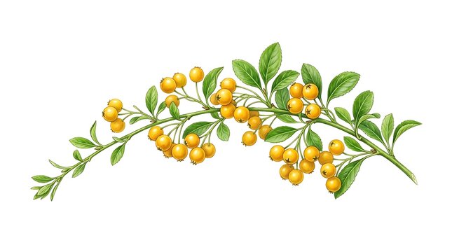 Watercolor Illustration of a Sprig of Pyracantha with Yellow Berries.