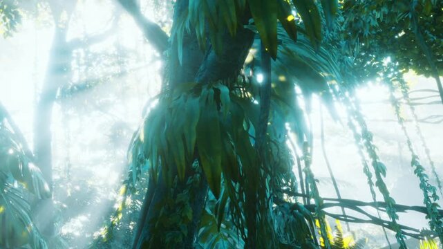Sunlight filters through tall trees in a thick jungle. Green leaves and vines surround the scene. The sunlight creates patterns in the misty air, showing the rich vegetation.