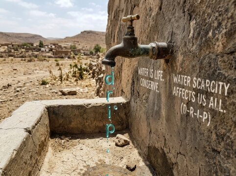 Water scarcity communication featuring rusty outdoor faucet dripping letters