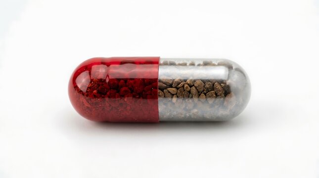Macro studio shot of a single red and clear medical pill isolated on white.