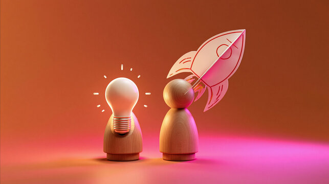 Igniting Innovation: Two stylized wooden figures stand against a warm, gradient background, symbolizing the birth of a new idea represented by a glowing lightbulb and the launch of a venture.
