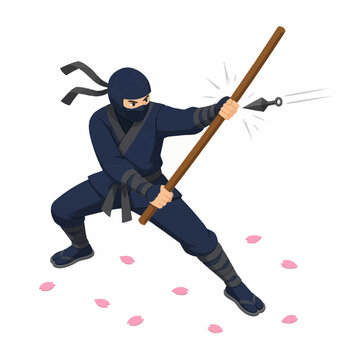 Japanese ninja in dark blue traditional attire using a wooden bo staff to deflect a flying kunai dagger, featuring scattered pink cherry blossom petals on a white background.
