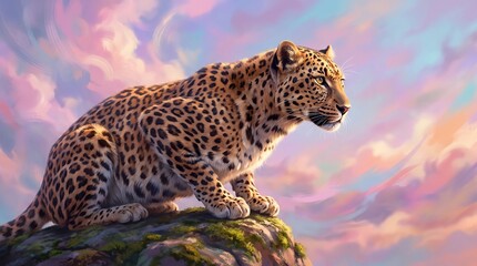 Naklejka premium Majestic cheetah sitting on a rock against a pastel sky