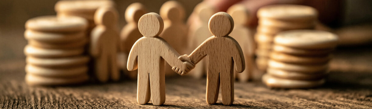 Partnership and Prosperity: Two wooden figures shake hands, symbolizing a partnership, with stacks of coins symbolizing wealth and growth, representing financial success and mutual benefit.