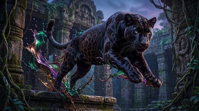 Black panther leaping in ancient jungle ruins with colorful splashes