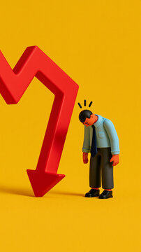 Financial Downfall: A disheartened businessman bows his head in despair as a sharp red arrow plunges downward, symbolizing a significant financial loss or market downturn.