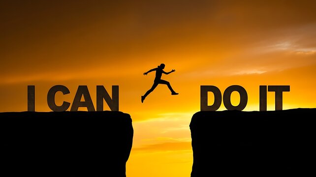 A determined person jumping over a deep canyon gap representing the powerful mindset of overcoming challenges and success