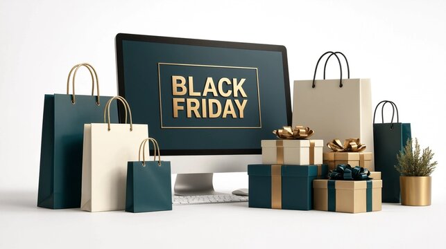 Black Friday online sale concept with computer monitor and shopping bags on white background