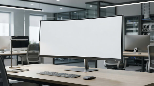 Curved Office Computer Monitor Mockup on Wooden Desk in Workspace