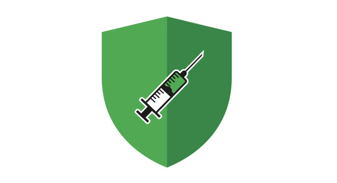 A green shield icon featuring a medical syringe for health protection concepts