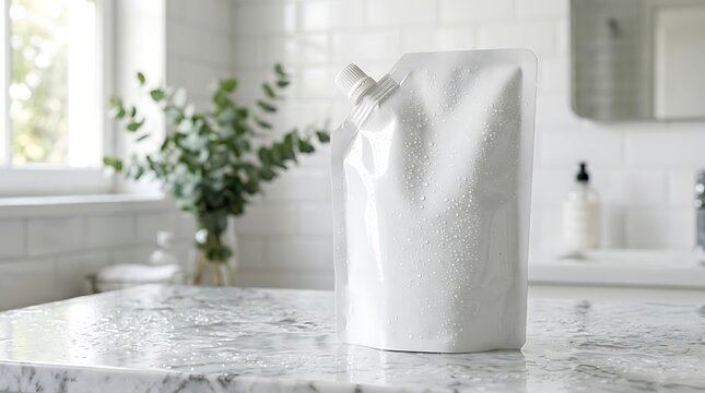Blank white pouch packaging for liquid soap or detergent on a marble countertop