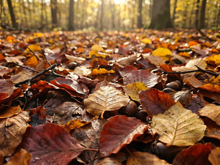 Obraz premium Autumn leaves covering forest floor with golden sunlight in a woodland park landscape