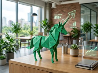 Fototapeta na wymiar Green paper origami unicorn on office desk with computer graphs and city view