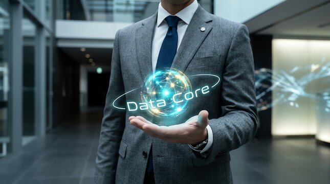 Businessman holding glowing futuristic data core sphere technology visualization in office