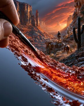 Epic Western Scene With Artist Hand in Canyon