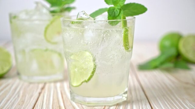 Refreshing mojito cocktail with lime and mint on wooden table with gentle camera movement.