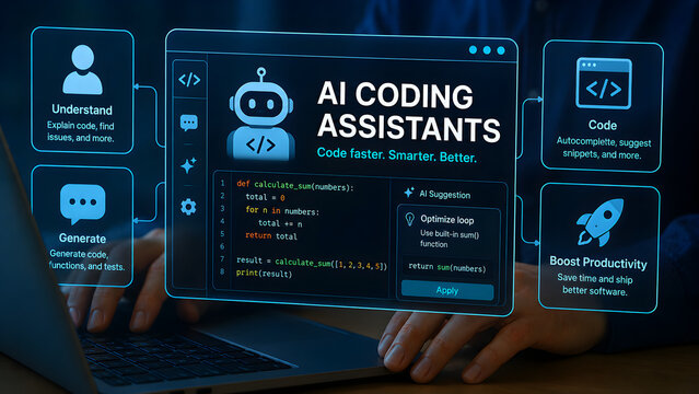 AI coding assistants concept with developer using laptop and holographic interface showing code editor and AI suggestions